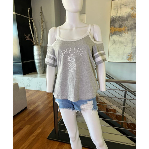 Beach Life Cold Shoulder T-Shirt in Gray - Picture 1 of 8